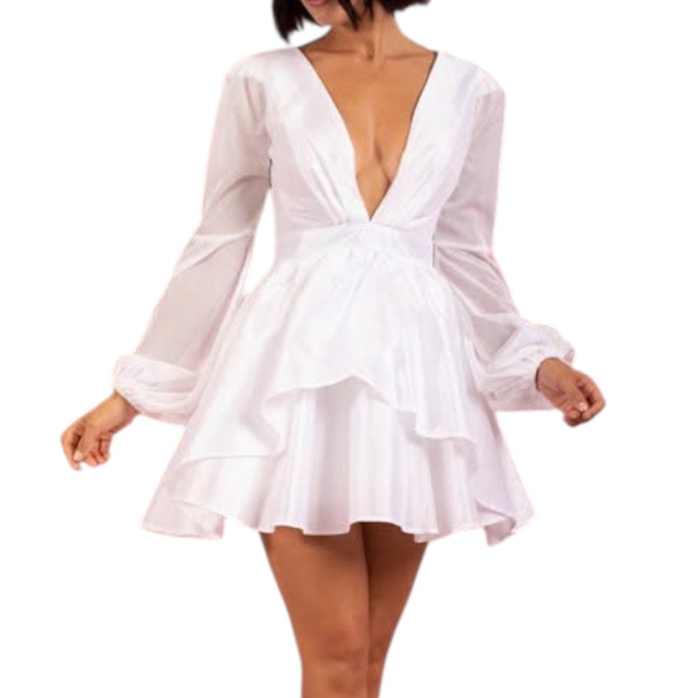 White V-Neck Mini Dress with mesh long sleeves, Med